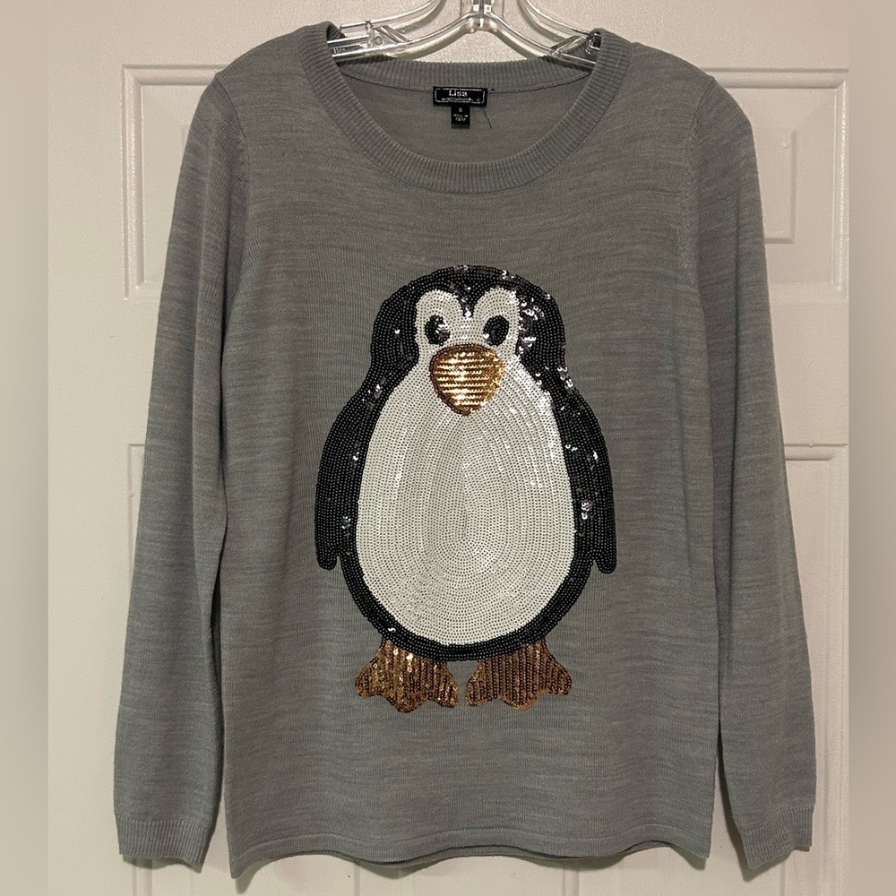 Lisa International Sequin Penguin Pullover Gray Christmas Sweater‎ Womens Small